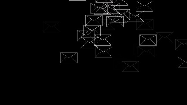Flying message icons. falling down mail icons on black background animation.