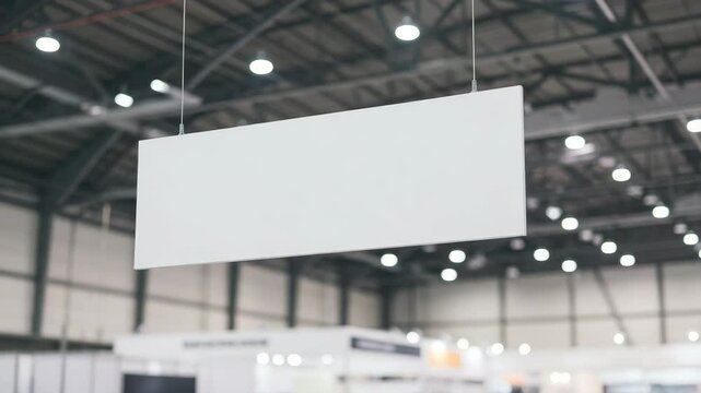 A large exhibition hall has a blank sign from the ceiling for custom branding