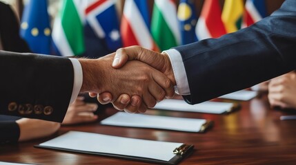 Close-up view of a handshake over a trade agreement.