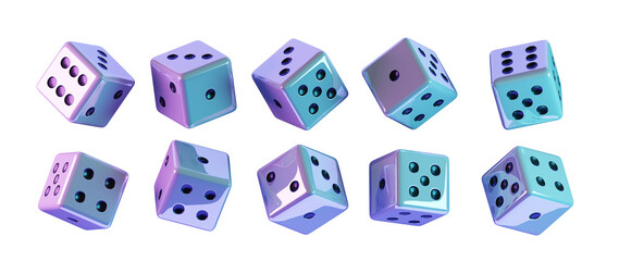 3d set of white play casino game cube dice in neon light on dark black background. Lucky die roll in backgammon or craps isolated render icons. Symbol of gambling, fortune and betting