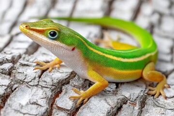 Fototapeta premium Green Gecko on Wet Tree Bark After Summer Rain
