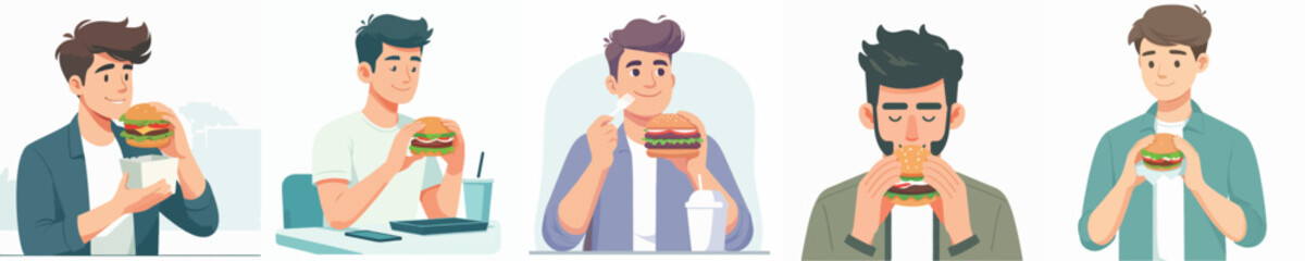 vector of a young man eating a burger