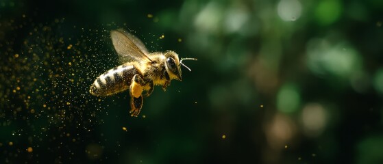 Fototapeta premium A bee elegantly moves through the air, surrounded by glistening pollen in lush greenery.