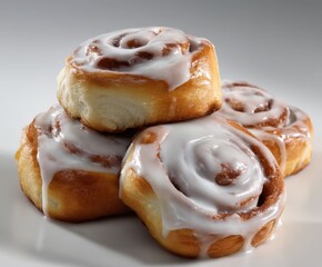 Freshly baked cinnamon rolls with sweet frosting are piled together