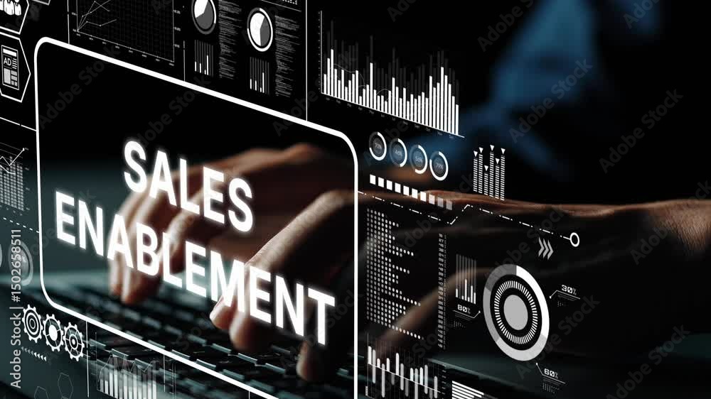 Poster hands typing on keyboard with sales enablement text and data visualizations in background for busine