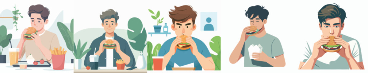 vector of a young man eating a burger
