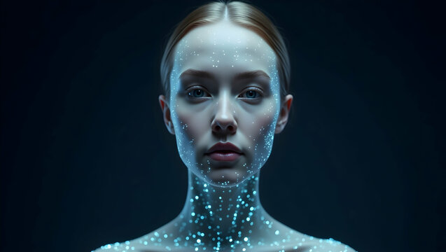 Digital Background A soft-lit AI face with glowing interface lines layered over skin-like surfaces, blending humanity with synthetic intelligence (2)
