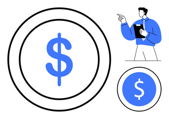 Dollar sign inside circles symbolizing money, next to a professional with a clipboard pointing forward. Ideal for finance, investment, budgeting, saving, business strategy, economic growth