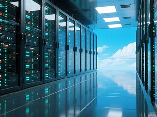 Data center interior with server racks and cloudy blue sky background representing cloud computing
