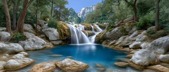 Cascade of Serenity: A breathtaking waterfall plunges into a tranquil pool, embraced by lush greenery and rocky terrain, creating a serene oasis where nature's symphony unfolds.