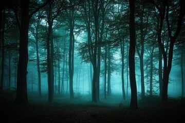 Obraz premium A dense forest shrouded in an ethereal fog, the silhouettes of trees reaching towards the sky