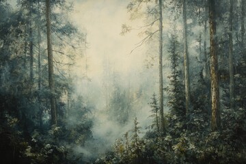 A misty forest scene with tall trees and a clearing in the distance
