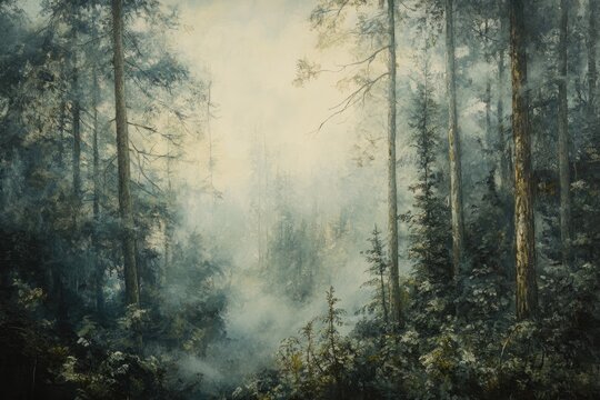 A misty forest scene with tall trees and a clearing in the distance