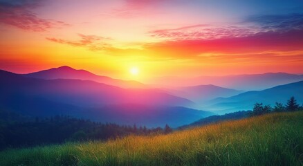 Colorful mountain sunrise over meadow