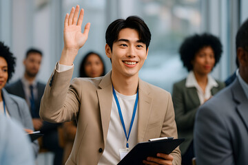 Smiling Asian man in a beige blazer raises his hand in a meeting, expressing engagement and a desire to speak, surrounded by diverse colleagues