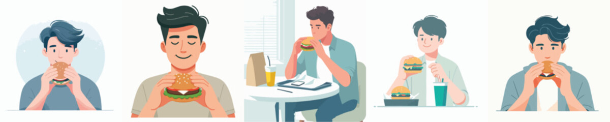 vector of a young man eating a burger