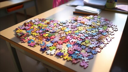 Colorful puzzle pieces form a heart on a classroom table, symbolizing learning and creativity in education.