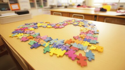 Colorful puzzle pieces form a heart on a classroom table, symbolizing learning and creativity in education.