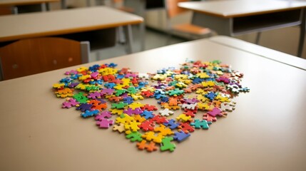 Colorful puzzle pieces form a heart on a classroom table, symbolizing learning and creativity in education.