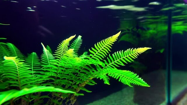 Underwater Aquarium Scene with Vivid Green Java Fern Leaves and Plant Growth, Focus on Foreground Ferns, Lush Environment