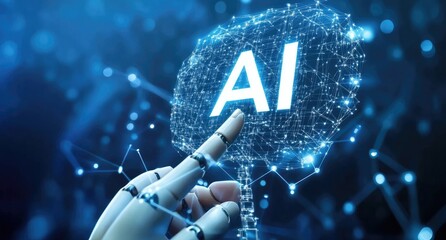 A robotic hand points at a digital representation of the letters AI formed by a network of glowing lines