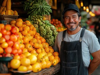 Smiling vendor at vibrant fruit market showcasing fresh produce with lively atmosphere