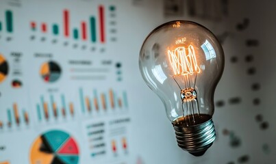 A glowing light bulb hovers against a backdrop of charts and graphs, symbolizing data-driven innovation
