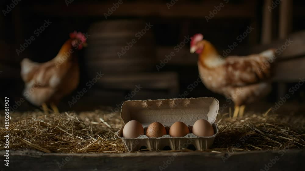 Poster brown hens curiously watching half dozen fresh eggs nestled in cardboard container, resting on straw