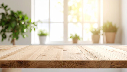 Wooden Table by Sunlit Window: A warm, inviting image featuring a rustic wooden table in sharp focus against a blurred background of a sunlit window and potted plants.