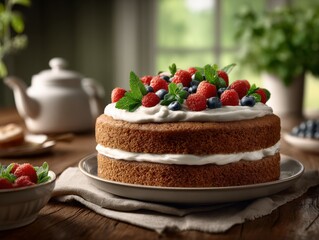 Layered cake with berries and cream sits on rustic wooden table