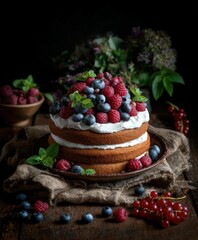Fresh berry cake with whipped cream on wooden surface