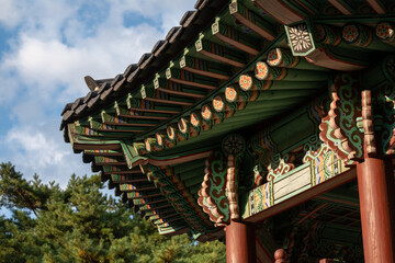 Fototapeta premium Close-up view of a traditional wooden pavilion inside Yeouido Park, Seoul, South Korea
