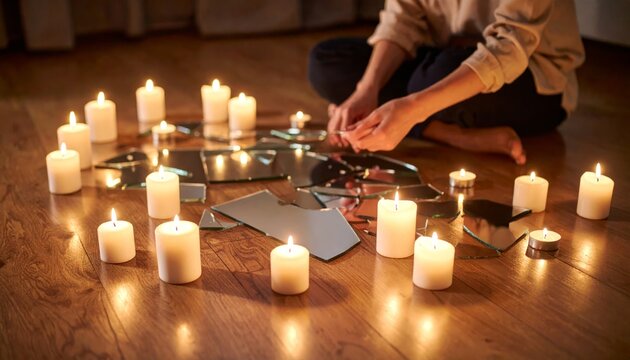 Young lady is sitting on the floor trying to fix the broken mirror in front of her, memories and broken life concept