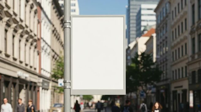 Crowds stroll a bustling city street with modern buildings and an empty signpost