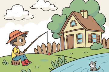 Funny Little Boys & a Pup Fishing in an Inflatable Boat – A Charming Lake Adventure Coloring Page