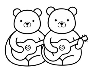 Musical Bear Duo &ndash; Engaging Line Art Coloring Page Featuring Two Adorable Bears Strumming Guitars