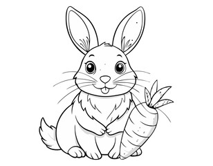 Cheerful Cartoon Bunny with a Giant Carrot – Fun Line Art Coloring Page for Kids