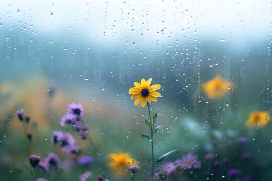 A single yellow flower seen through a window pane covered in rain drops. Colorful wildflowers in soft focus blur the background