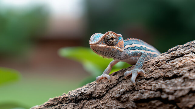 Close-up of a chameleon changing colors on textured tree bark showcasing its unique ability and intricate skin details.