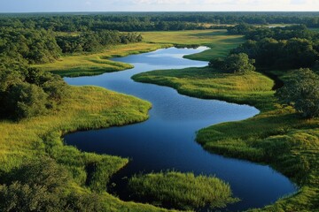 Serene river meanders through lush green landscape.  A tranquil waterway winding through grassland and forest