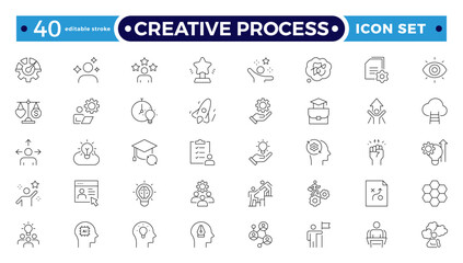 Creative Process line icon set. Teamwork process symbols in flat. Customer search and care signs are isolated on white. Leadership and creative icon in black.Editable stroke outline icon.