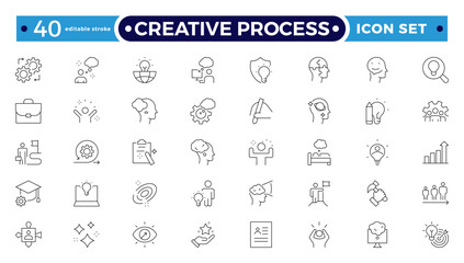 Creative Process line icon set. Teamwork process symbols in flat. Customer search and care signs are isolated on white. Leadership and creative icon in black.Editable stroke outline icon.