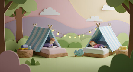 Fototapeta premium Kids Camping in tents on a Cloudy Day