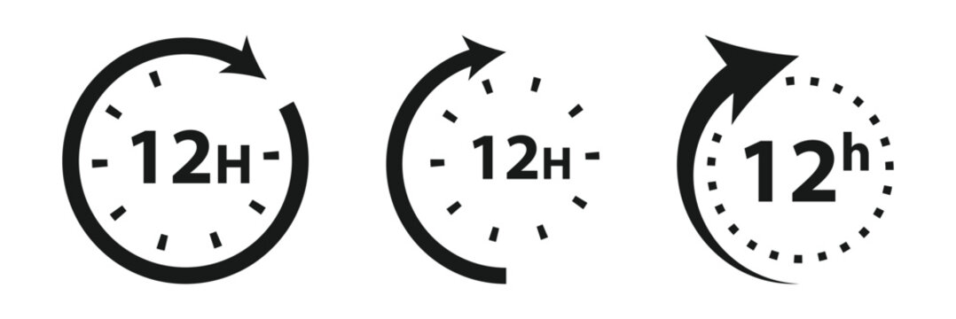 Simple black and white graphic of 12 hours icon logo vector