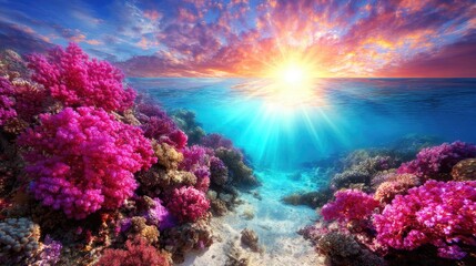 Naklejka premium Vibrant coral reef at sunrise illuminating the ocean floor
