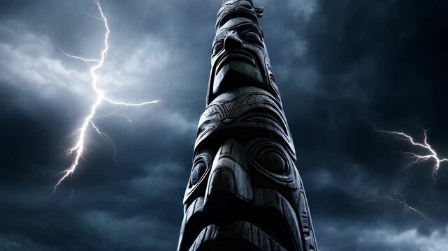 Tall carved totem pole with intricate face designs stands beneath a dramatic thunderstorm sky with flashes of lightning.