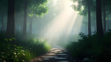 Obraz premium Mystical Forest Path Illuminated by Morning Light
