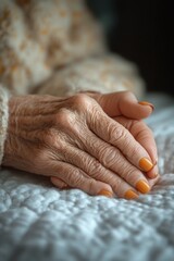 Fototapeta premium Close-up of wrinkled hands resting on a light-colored blanket, with orange nail polish
