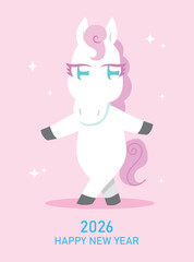 Happy new year of the horse 2026 greeting card with anthropomorphic horse vector card. Beautiful zodiac horse. Lunar new year 2026 celebration poster.