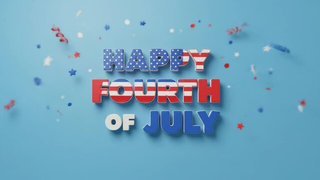 Animated happy fourth of july greeting with patriotic confetti and stars on blue background